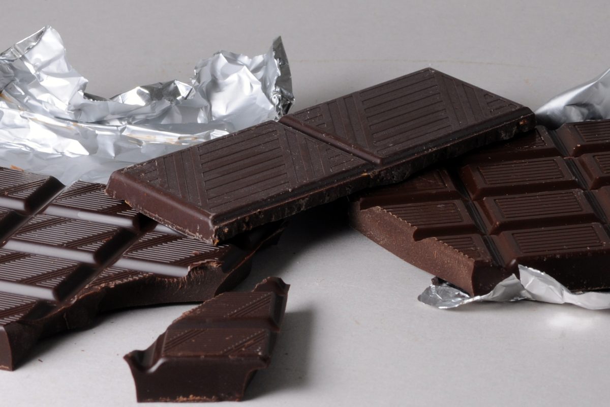 A broken dark chocolate bar showing plain unbranded squares