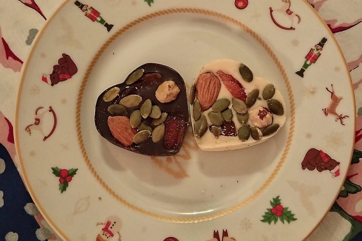 Chocolate studded with dried fruit, almonds, and pumpkin seeds