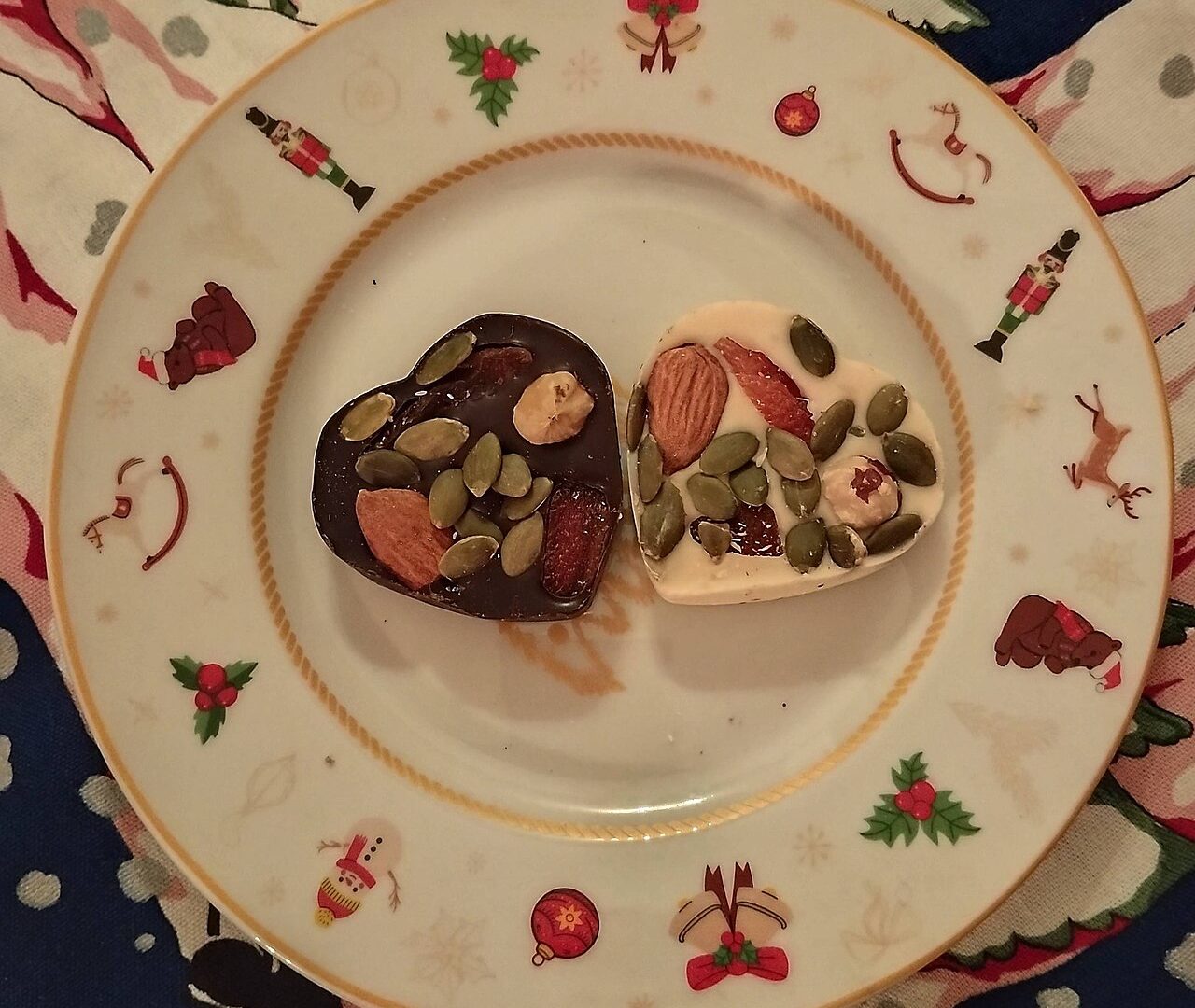 Chocolate studded with dried fruit, almonds, and pumpkin seeds