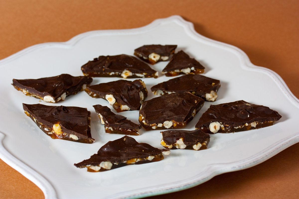 Chocolate bark studded with hazelnuts