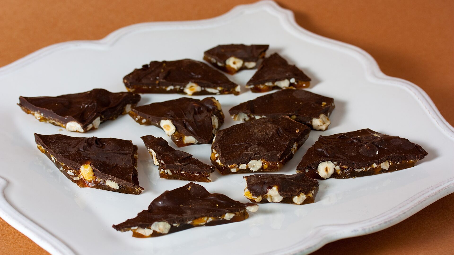 Chocolate bark studded with hazelnuts